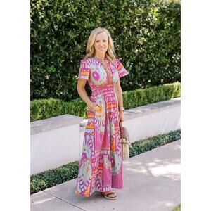 Sheridan French M Pink Green Orange Ikat Print Cotton Lycra Midi Dress